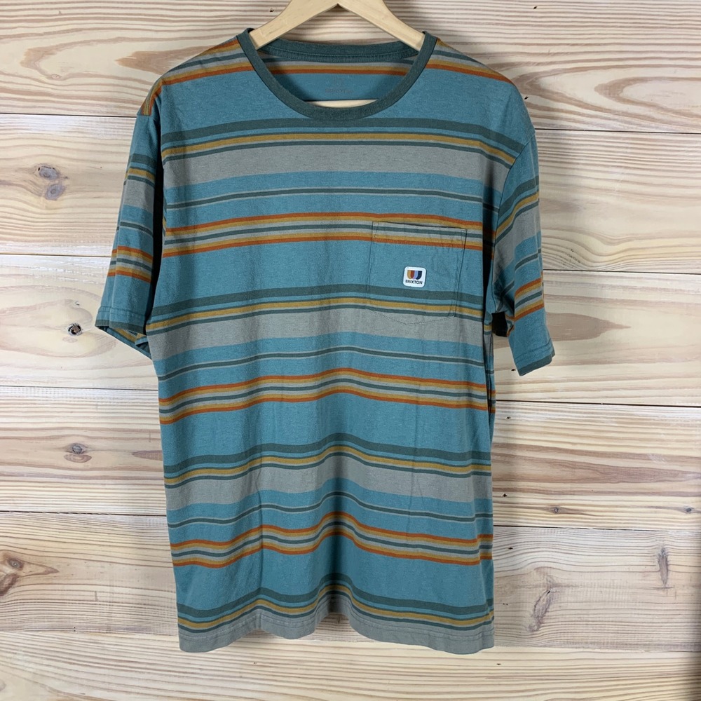 Brixton T-Shirt Mens XL Blue Striped Pocket Short Sleeve Standard Fit Skater Tee